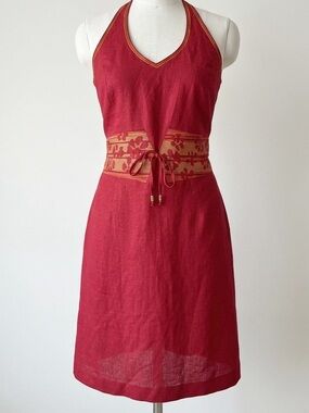 Vintage Y2K Yves Cossette Depeche Mode Red Linen Halter Embroidered Dress Sz 16
